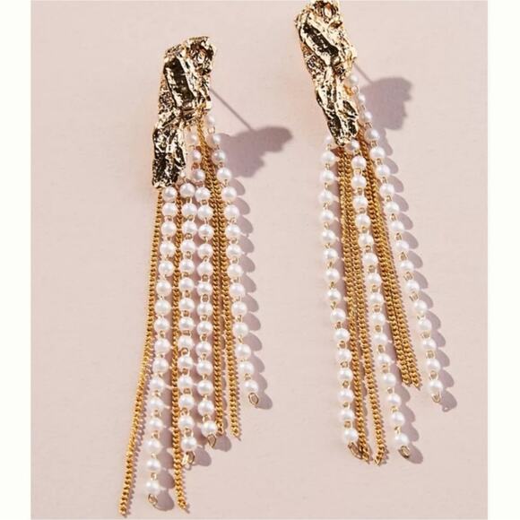 Anthropologie Brass pearl seed and chain drop earrings  NWT Gold plated brass - Picture 1 of 9